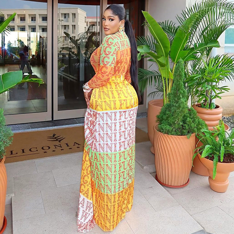 Printed Elegant Office Waist Hip High Collar Long Sleeve Skirt Dress