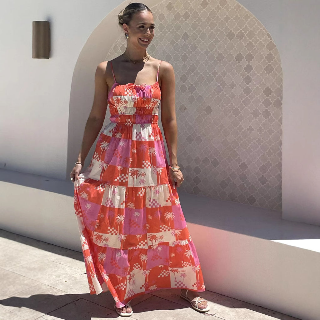 Women's Spaghetti-Strap Tropical Check Ruched Maxi Dress