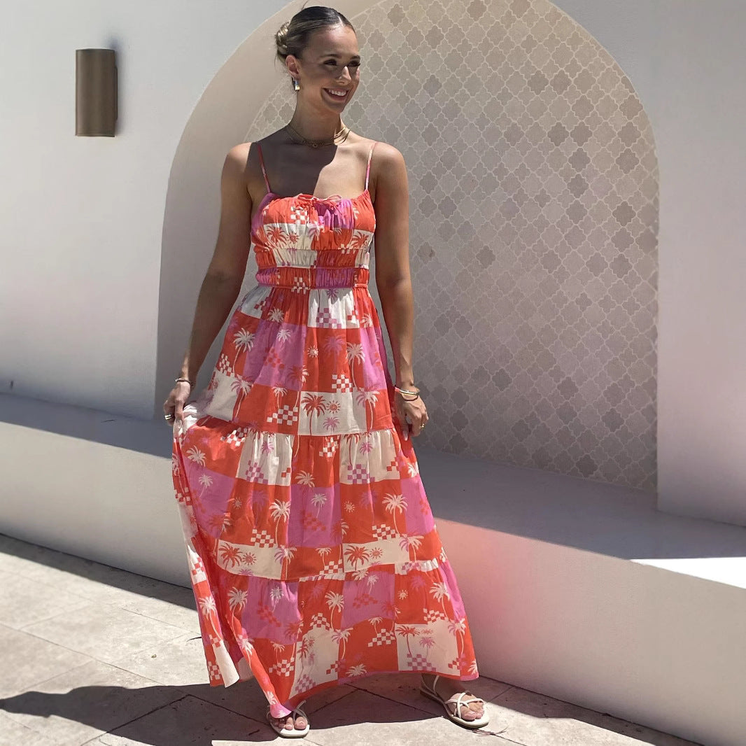 Women's Spaghetti-Strap Tropical Check Ruched Maxi Dress