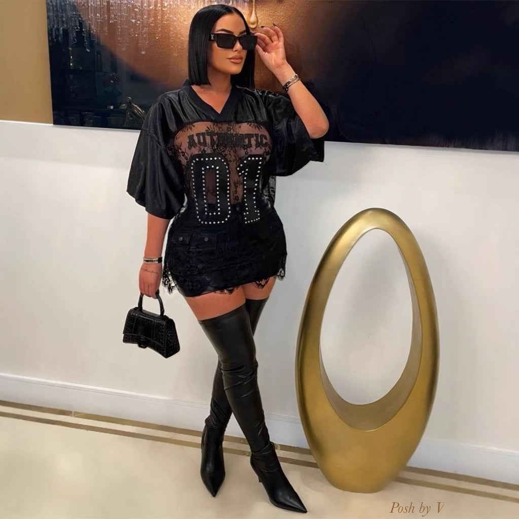 Women's Autumn Printed Loose Casual Street See Through Sexy Lace Stitching T Shirt Short Sleeve Top