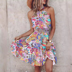 Women's Printed Halter Backless Sleeveless Dress