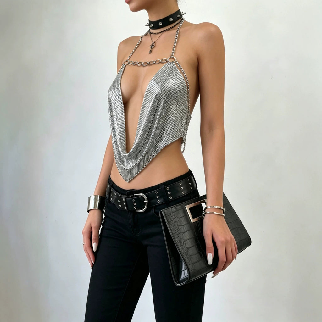 Women's Metal Chain Sequin Halter Crop Top