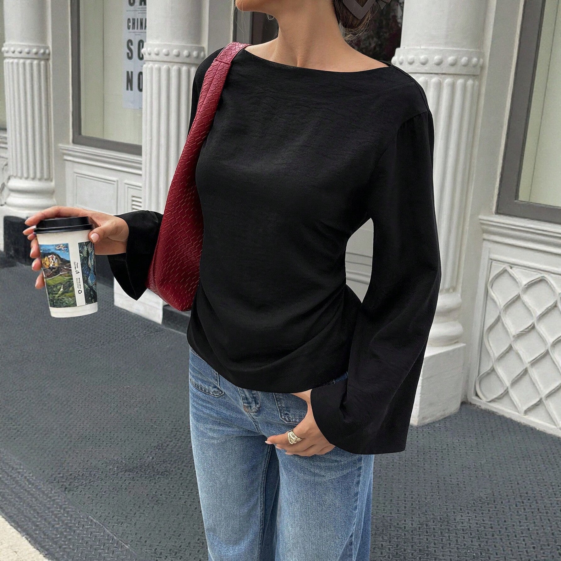 Women Elegant Flare Sleeve T shirt Back Lace up Design