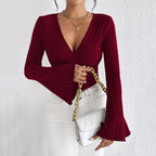Women's Women V Neck Flared Sleeves Wine Red T Shirt Fall/winter