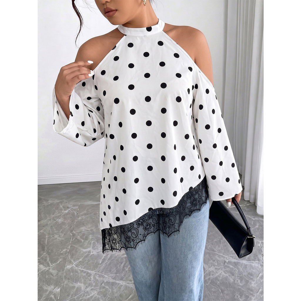 Plus Size Polka Dot Halter off the Shoulder Top Irregular Asymmetric Lace Hem Loose Slim Fit Slimming Long Sleeves Small Shirt
