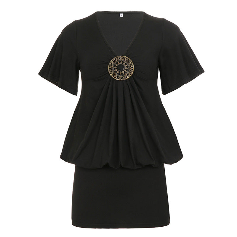 Women's black pleated short-sleeve dress with V-neck and gold-tone medallion center