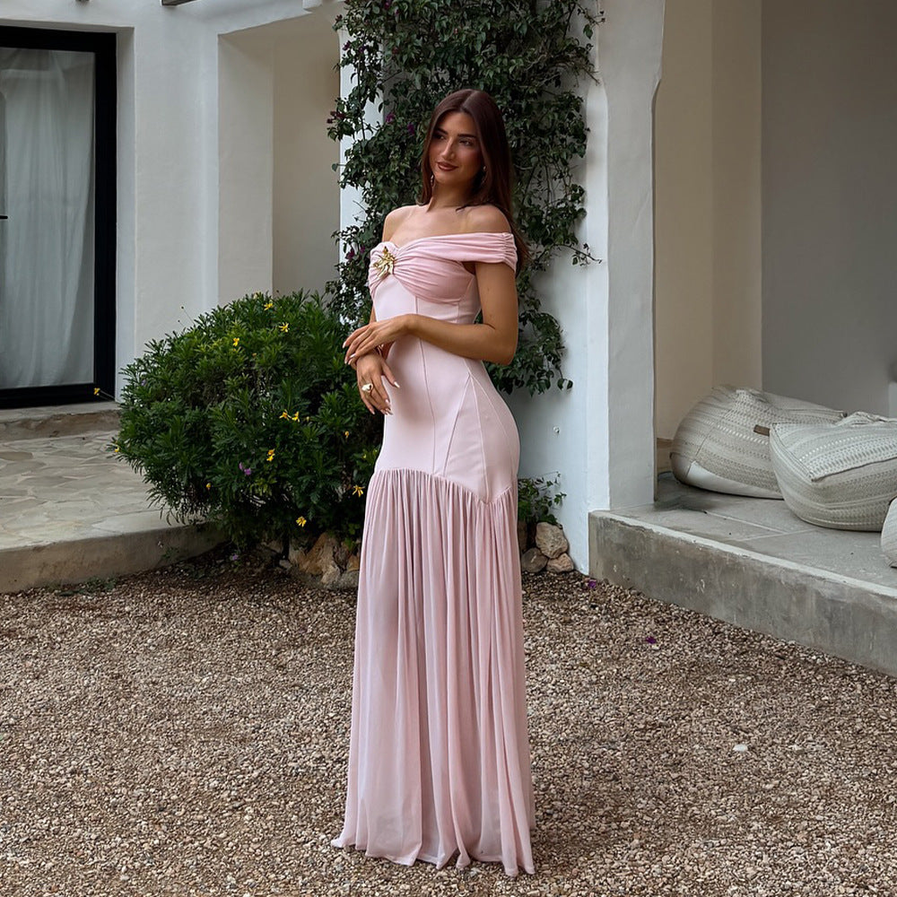 Mesh-Panel Off-Shoulder Ruched Bodycon Maxi Dress
