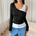 Women's Black And White Asymmetric Long Sleeve Top