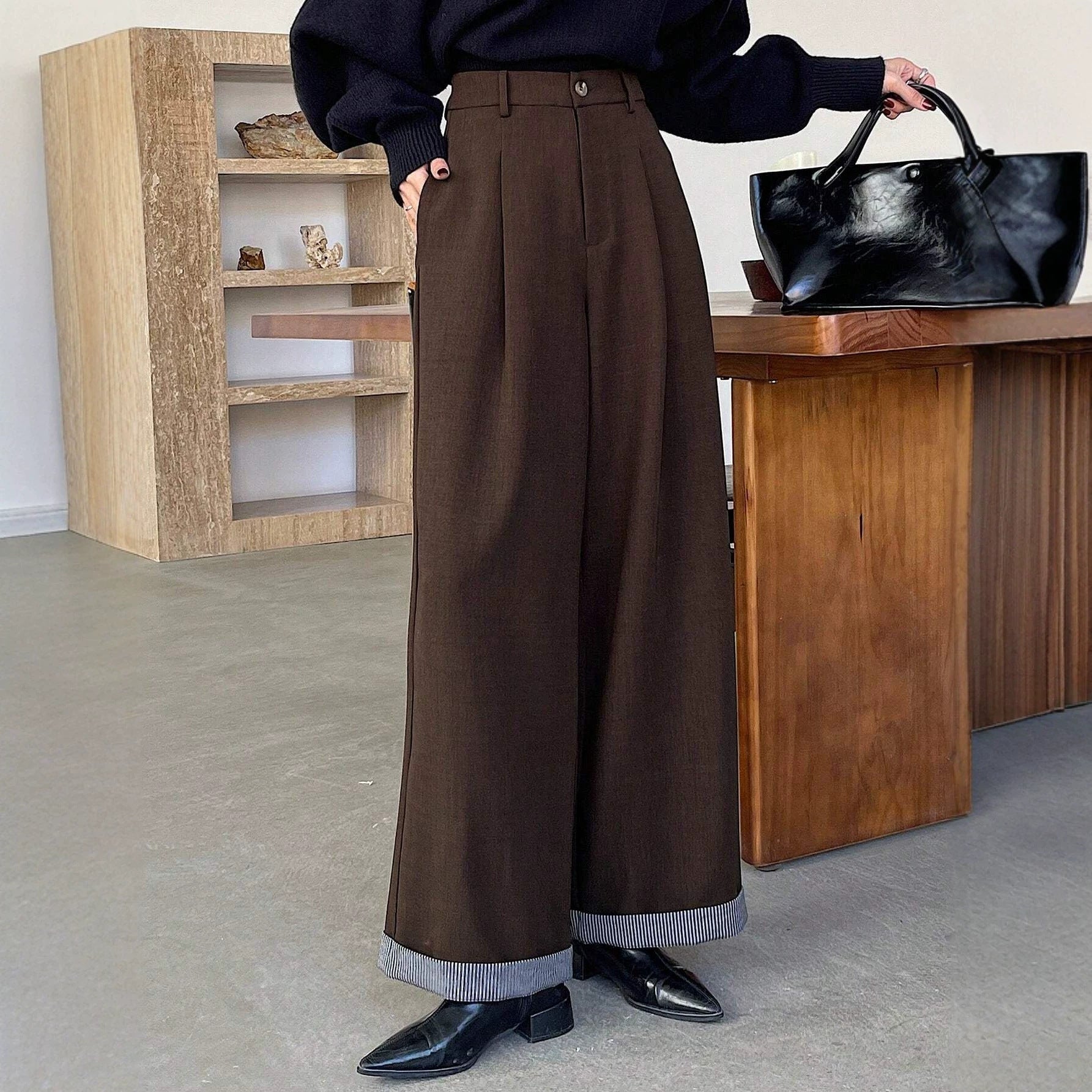 Women's Office Retro Coffee Color Small Slim Fit Women Pants Light Luxury Wide Leg Design Loose Straight Casual Pants