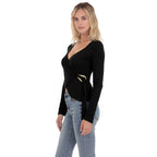 Women's French Minority Design Top Women Black V Neck Long Sleeve Nipped Waist Knit Sweater Chest Lace Up Golden Ring Decoration