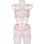 Sexy Lingerie Three-Piece Floral Embroidery Stitching Waist Seal Sexy Ladies Sexy Suit