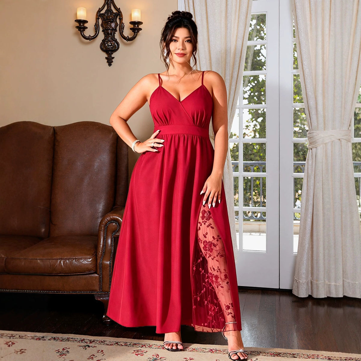 Women's Plus Size Black Lace-Detail Slit Maxi Dress