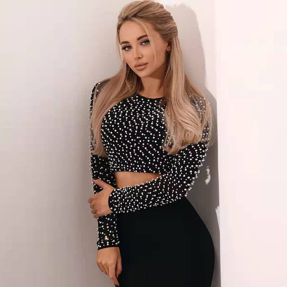 Women’s Black Beaded Sheer Cropped Top