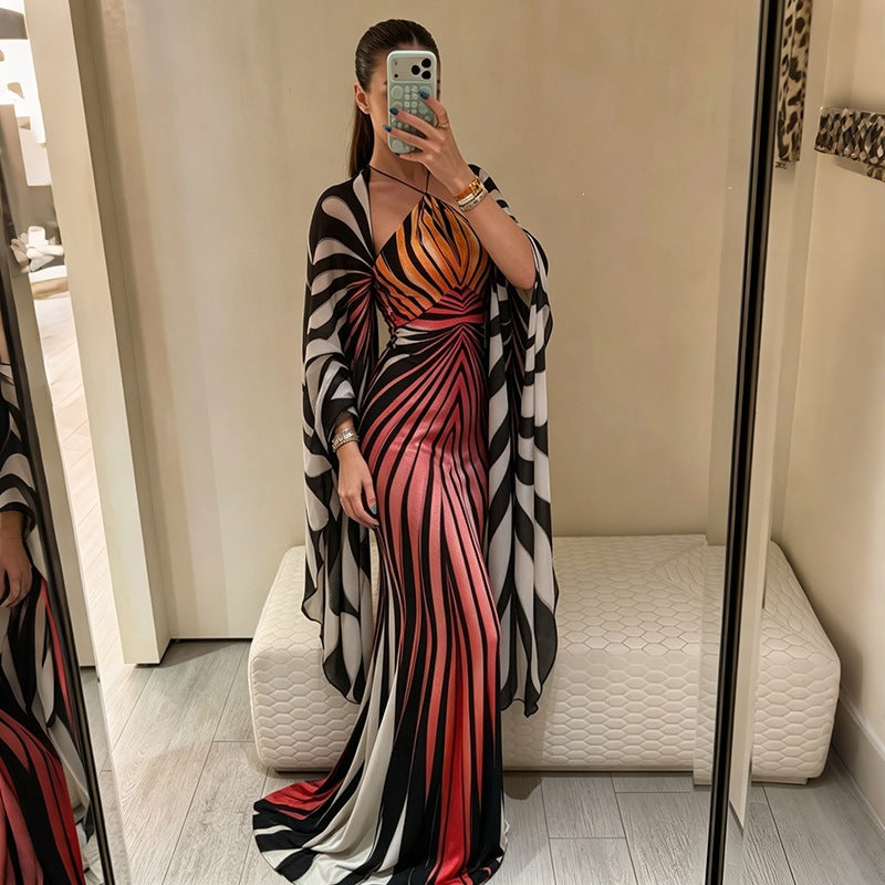 Zebra Striped Batwing Sleeve Casual Halter Dress
