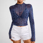 Women's Spring Summer Elegant Women Mesh Floral Print Stand Collar Long Sleeve Short T Shirt Top Women