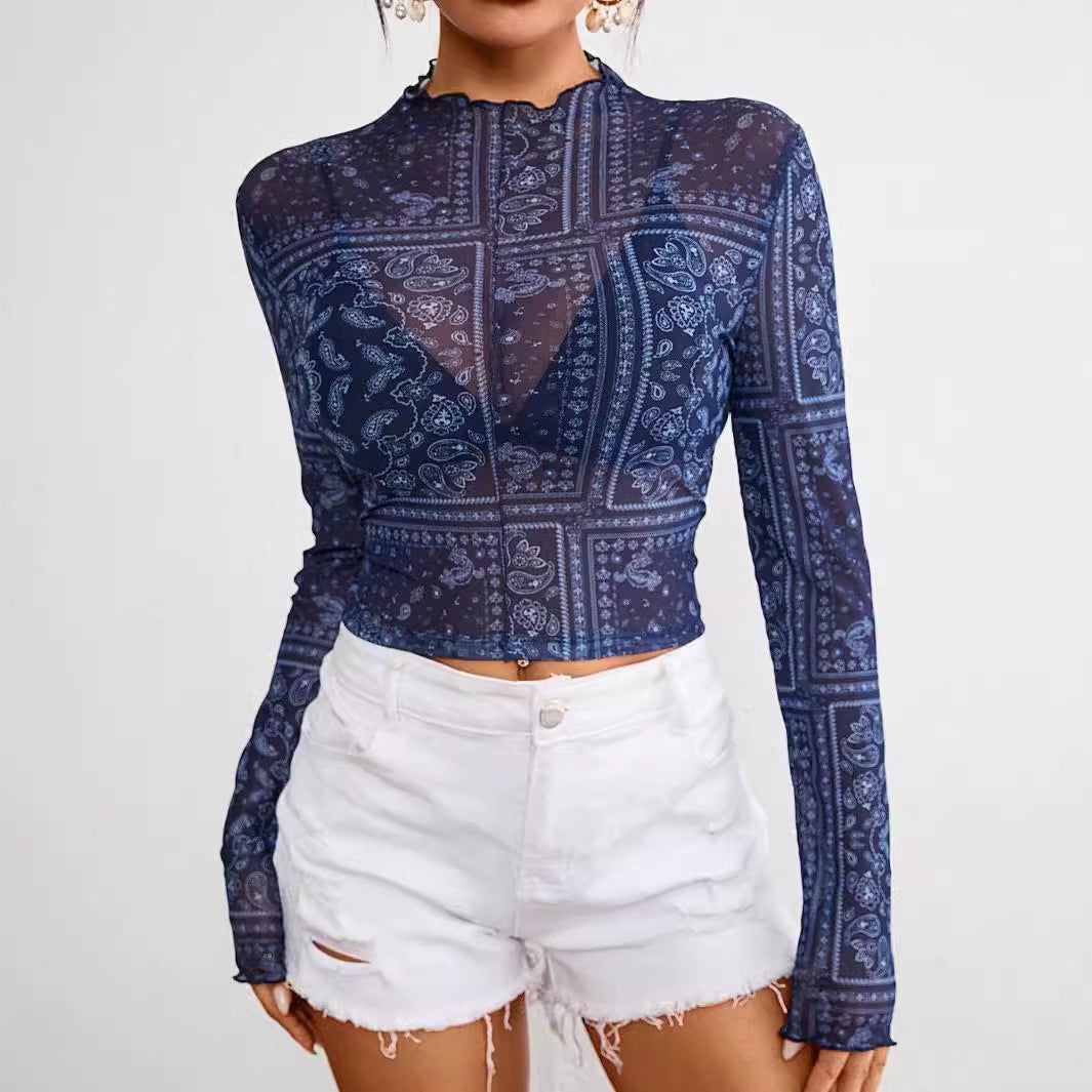 Women's Spring Summer Elegant Women Mesh Floral Print Stand Collar Long Sleeve Short T Shirt Top Women