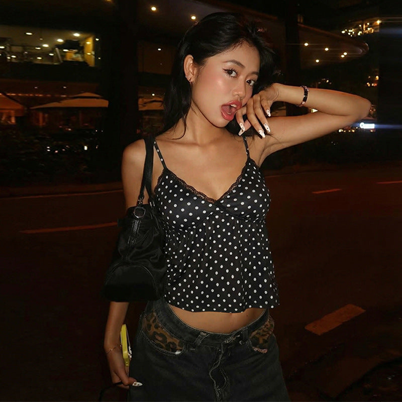 Women’s Black Polka Dot Lace V Neck Camisole