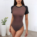 Women's Summer Contrast Color Short Sleeve Rompers Women Round Neck Slim Slimming Bodysuit