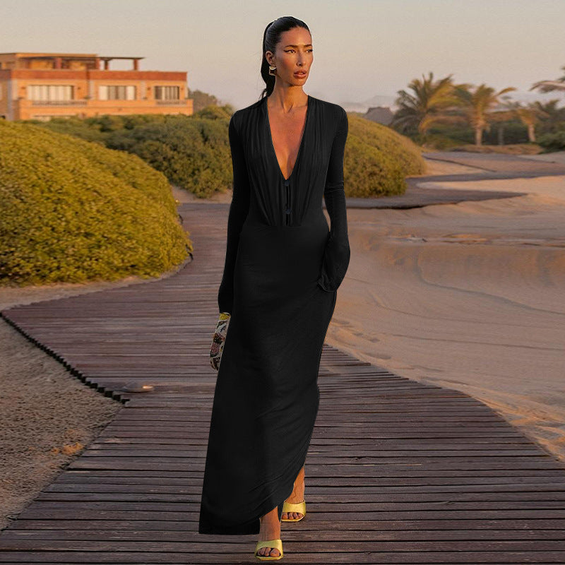 Black Long-Sleeve V-Neck Micro Transparent Dress