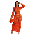 Women’s sequined knit two-piece set with long-sleeve crop top and midi skirt, orange