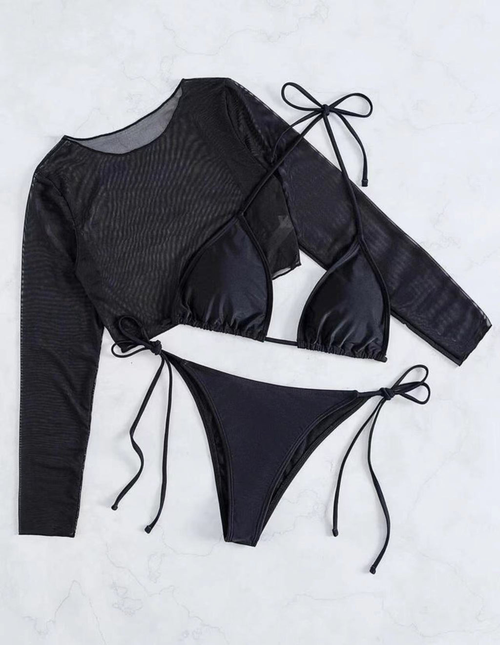 Three-piece black bikini swimwear: sheer long-sleeve mesh top and tie-string thong bottom