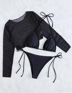 Three-piece black bikini swimwear: sheer long-sleeve mesh top and tie-string thong bottom