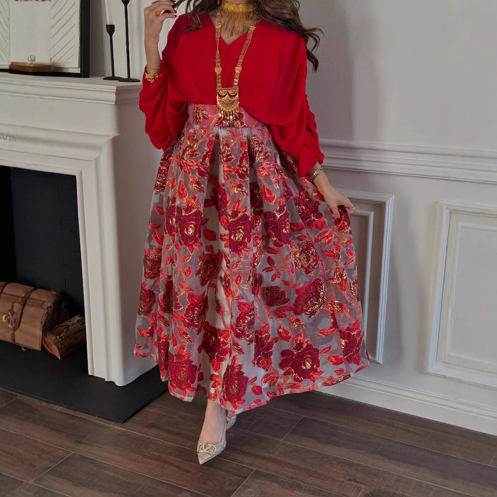 Floral Jacquard Long-Sleeve A-Line Maxi Dress
