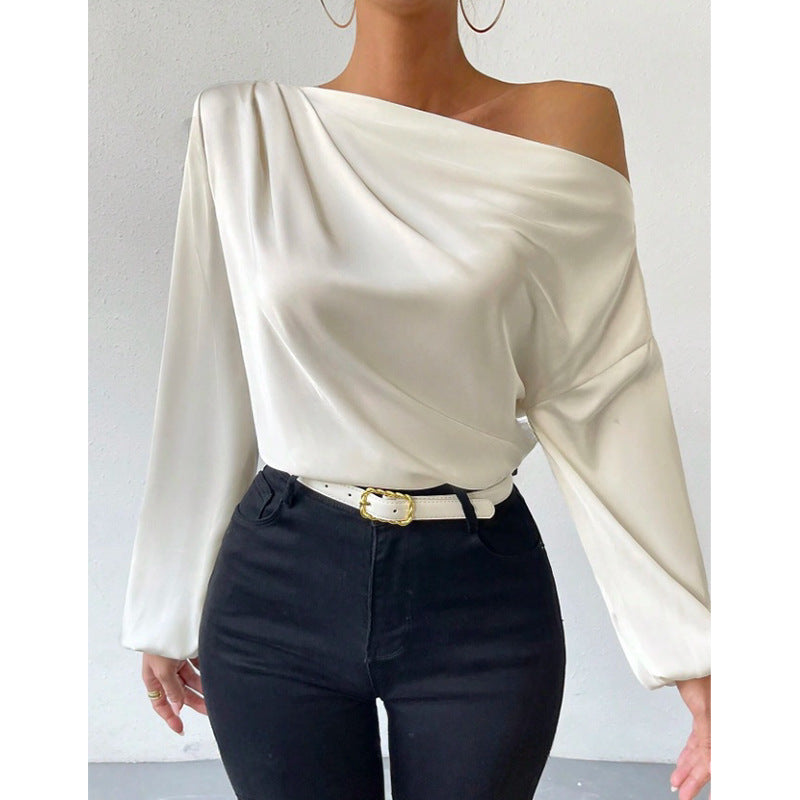 Women's Oblique Shoulder Design Long Sleeve Shirt Asymmetric Pullover Top Solid Color Satin Long