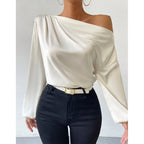 Women's Oblique Shoulder Design Long Sleeve Shirt Asymmetric Pullover Top Solid Color Satin Long