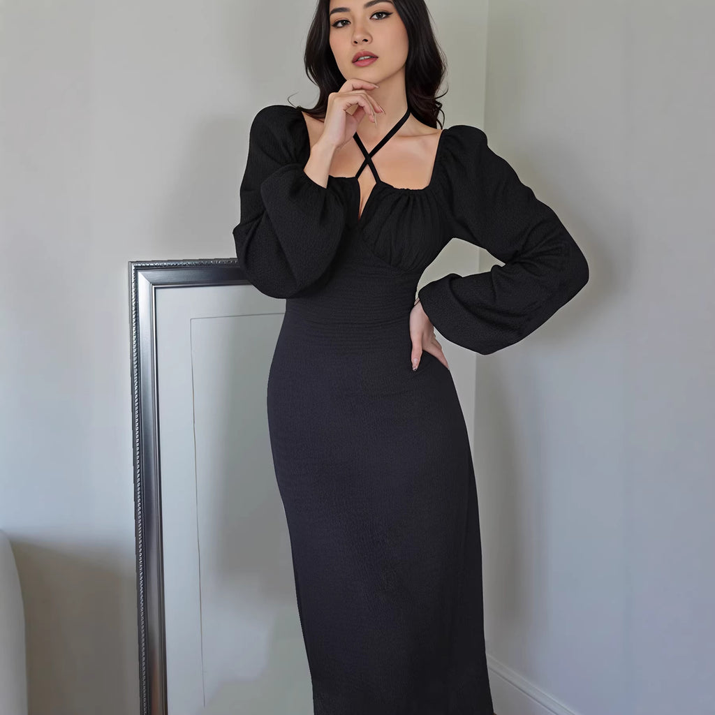 Women's Solid Square-Neck Dress with Cross-Strap Detail