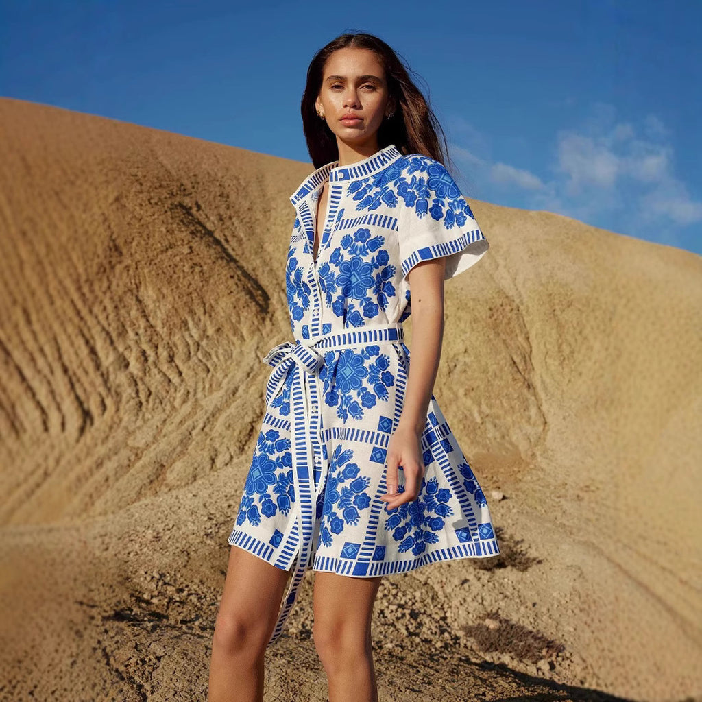 Women's Summer Trade Casual Women Clothing Printed Lace Up Dress