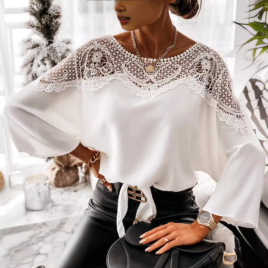 Women's Spring Autumn Long Sleeve Lace Shirt Solid Color Office Top Round Neck