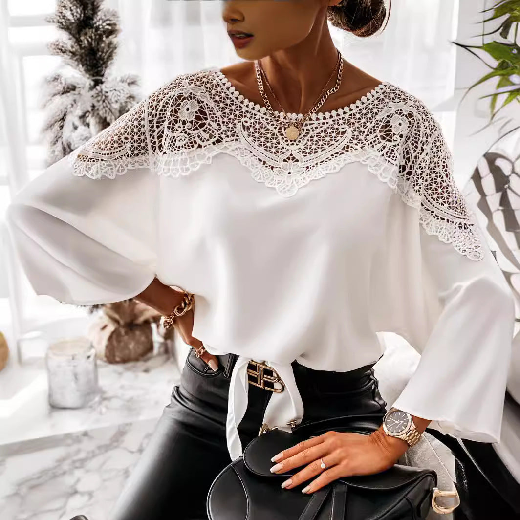 Women's Spring Autumn Long Sleeve Lace Shirt Solid Color Office Top Round Neck