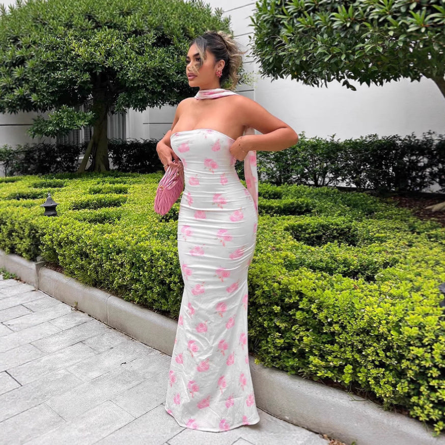 Floral Strapless Backless Bodycon Maxi Dress