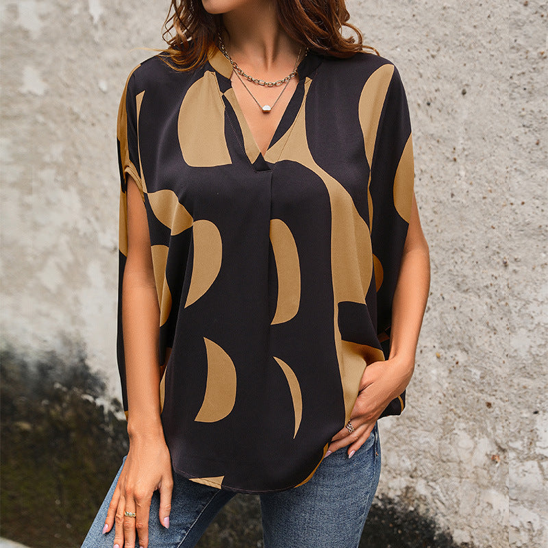 Women's Summer Women Clothing Short Sleeve Pullover V Neck Printed Shirt