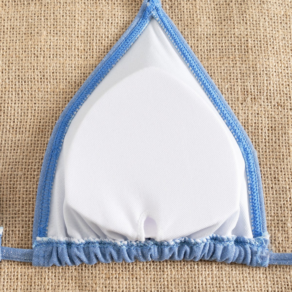 Blue bikini triangle top with white lining, scalloped ruffled hem and halter tie neckline