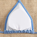Blue bikini triangle top with white lining, scalloped ruffled hem and halter tie neckline