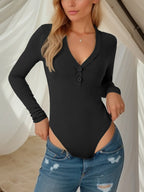 Ribbed V Neck Button Long Sleeve Jumpsuit