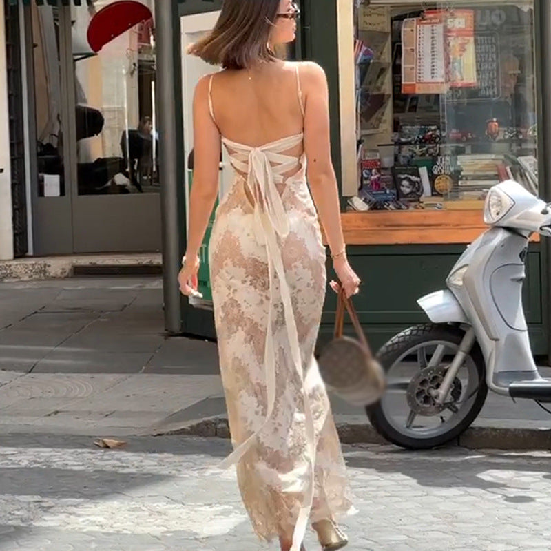 Summer Vacation Strap High Class Elegant Printing Slip Dress