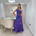 One-Shoulder High-Waist Wide Hem Printed Maxi Dress