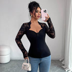 Lace Patchwork Knit Long-Sleeve Top