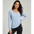 Long Sleeve Yoga Wear Blouse Pleated Drawstring Loose Breathable Casual