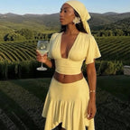 Solid Color V Neck Shopping Mall Skirt Set Waist Tight Short