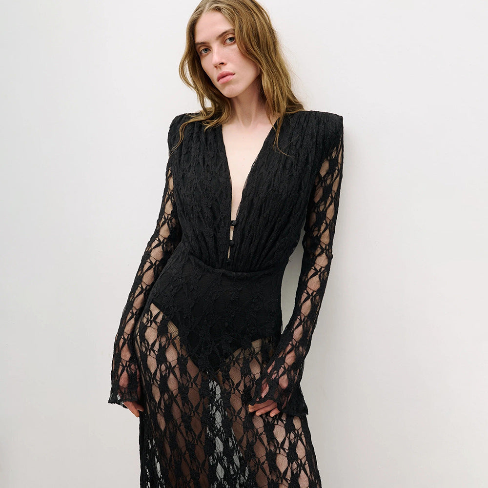 Women's Autumn Winter French Lace Long Sleeve Lining Dress Evening Christmas