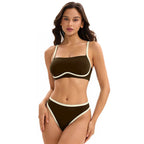 Purple bikini with bandeau top and high-waist briefs, light trim and piping