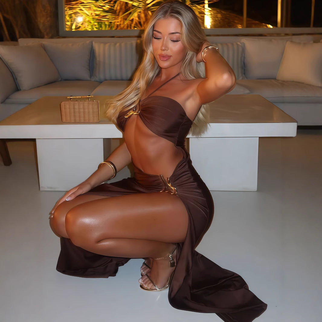 Halter Lace-Up Cutout Slit Maxi Dress