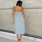 Tube Top Pocket Backless Washed Denim Dress