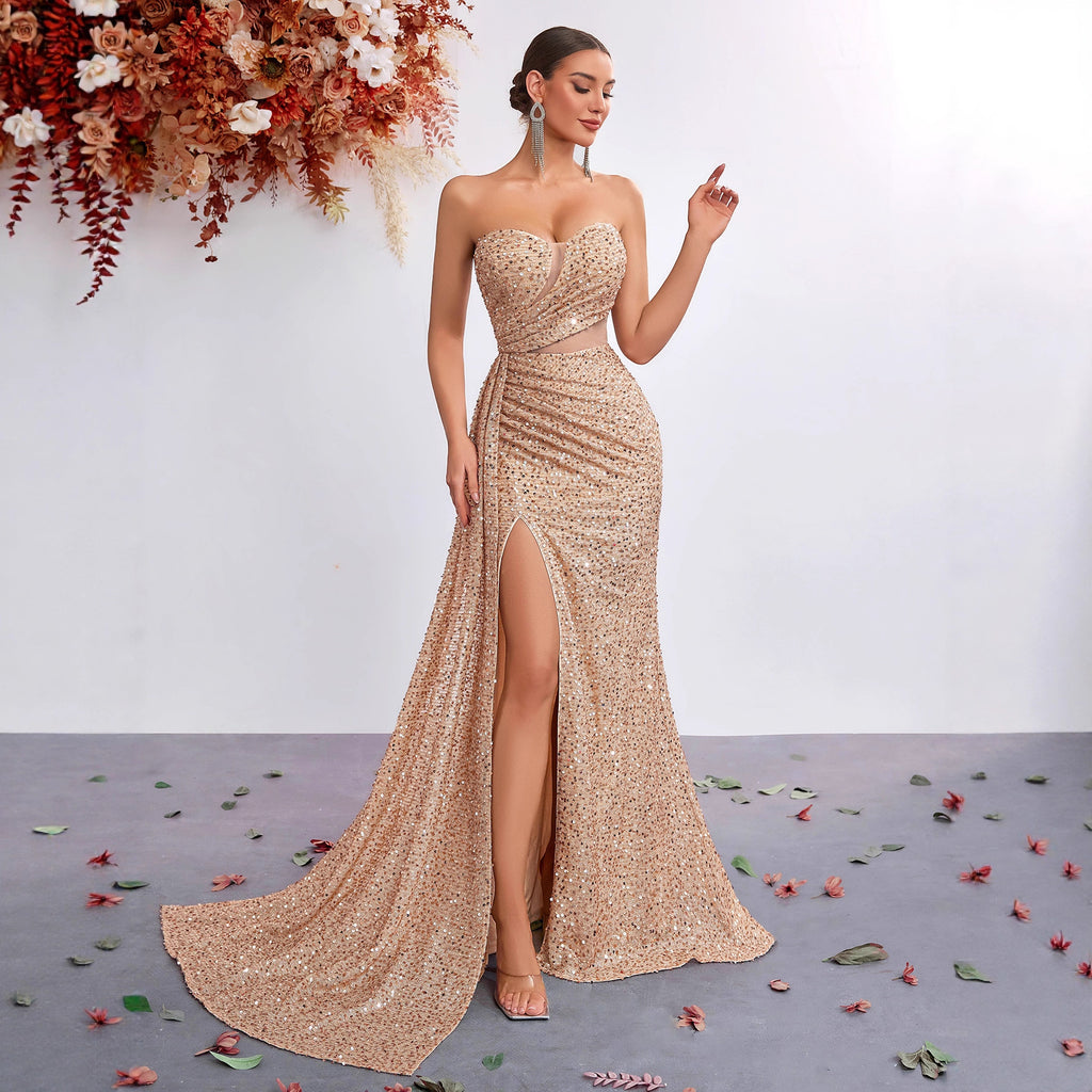 Women's Sequin Sweetheart Asymmetric Fishtail Maxi Dress