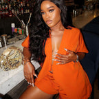 Solid Color V neck Loose Shirt Shorts Set