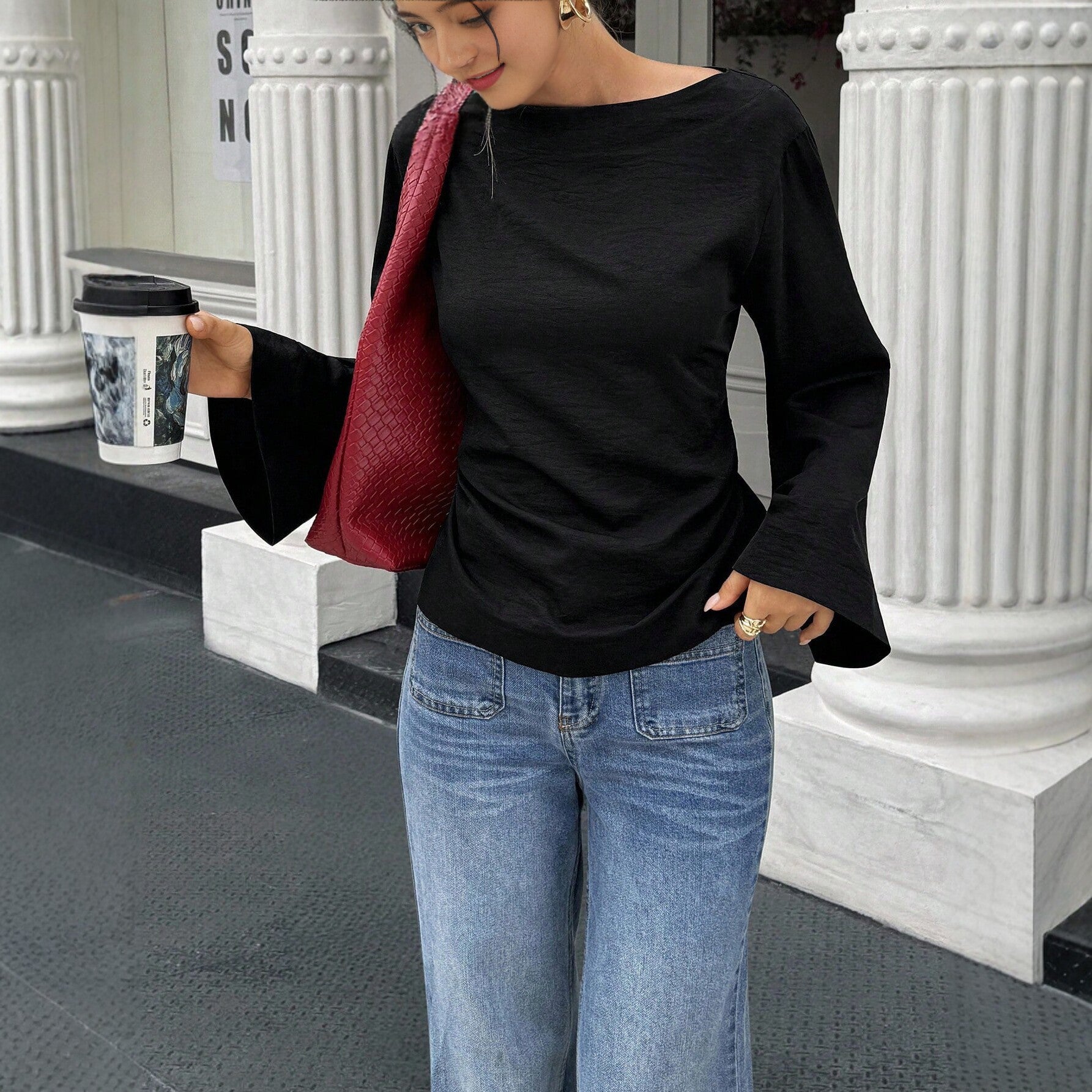 Women Elegant Flare Sleeve T shirt Back Lace up Design